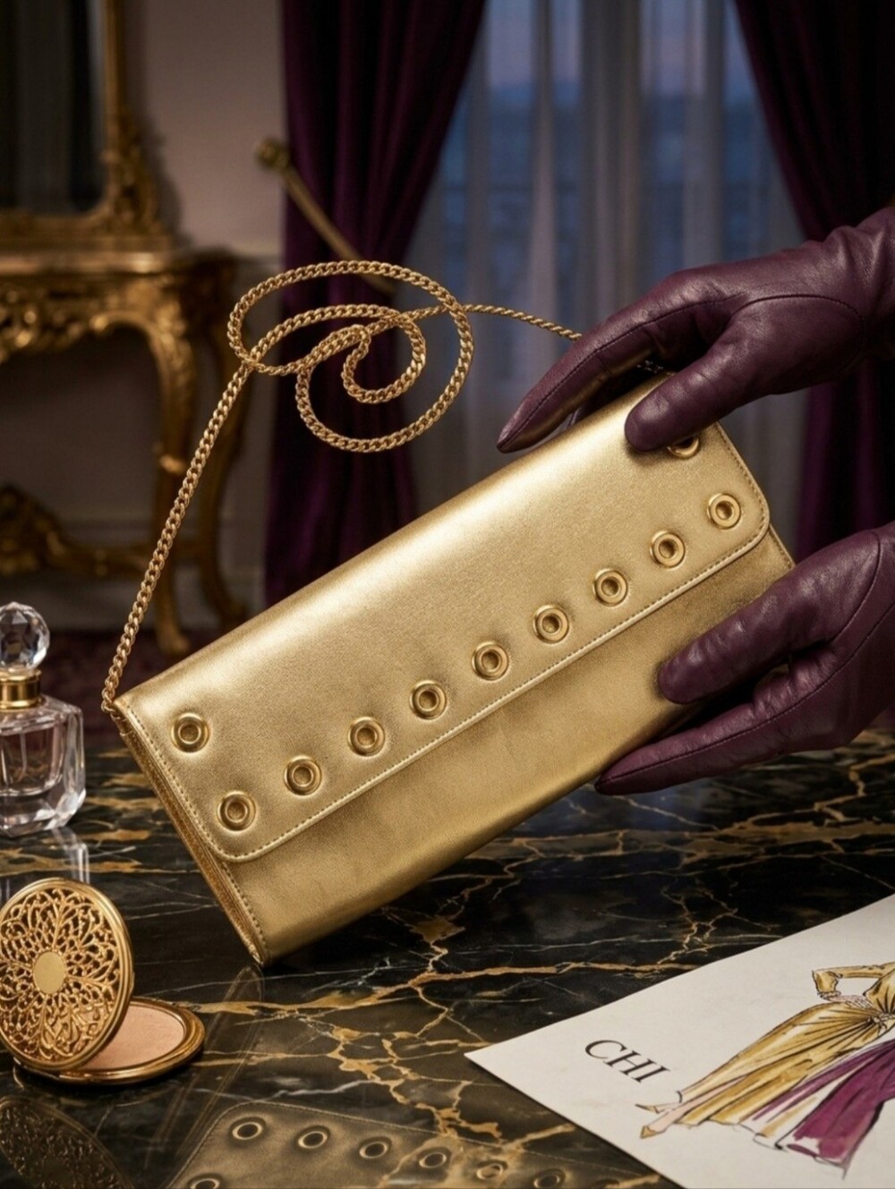 CHI by Carlos Falchi Gold Leather Clutch/Shoulder Bag